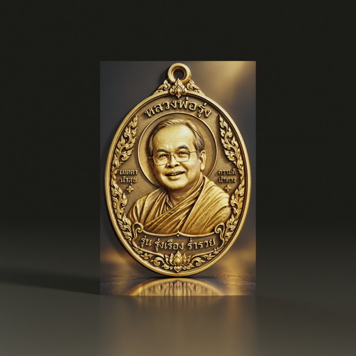 โมเดล 3D เหรียญทรงไข่ รูปนูนพระสงฆ์ครึ่งองค์สวมแว่น ล้อมลายกนก ดอกบัวด้านล่าง มีห่วงห้อย สร้างด้วย Aksorn3D GEN