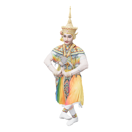 โมเดล 3D ฟิกเกอร์นักแสดงรำไทยสวมชฎายอดแหลม ชุดจีบสีรุ้ง ยืนยกขาพนมมือ สร้างด้วย Aksorn3D GEN