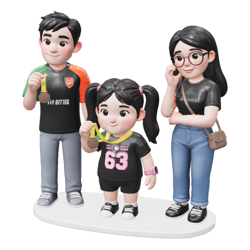 โมเดล 3D ฟิกเกอร์ชายเสื้อบอลถือเหรียญ เด็กหญิงเสื้อเลข 63 คล้องเหรียญ และหญิงสาวสวมแว่น บนฐานวงรี สร้างด้วย Aksorn3D GEN
