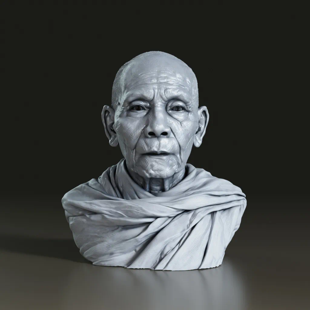 โมเดล 3D รูปปั้นครึ่งตัวพระสงฆ์สูงอายุ ห่มจีวรคลุมไหล่ เก็บริ้วผ้าและริ้วรอยบนใบหน้าละเอียด สร้างด้วย Aksorn3D GEN
