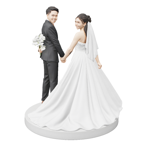 โมเดล 3D ฟิกเกอร์คู่บ่าวสาวจูงมือกันบนฐานกลม เจ้าบ่าวสูทดำถือช่อดอกไม้ เจ้าสาวชุดเจ้าสาวสีขาวคลุมผ้าคลุมหน้า สร้างด้วย Aksorn3D GEN