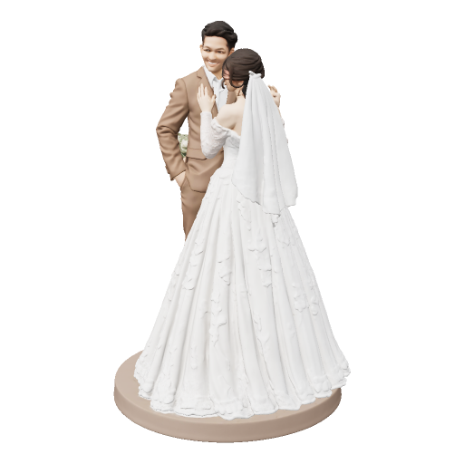 โมเดล 3D ฟิกเกอร์คู่แต่งงาน เจ้าสาวชุดลูกไม้ขาวคลุมผ้าคลุมหน้า เจ้าบ่าวสูทสีน้ำตาล ยืนคู่บนฐานกลม สร้างด้วย Aksorn3D GEN