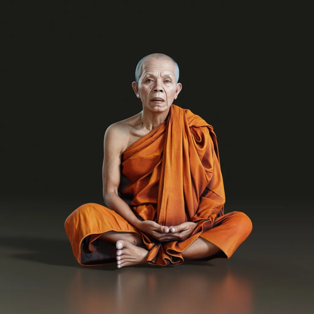 โมเดล 3D พระสงฆ์สูงวัยนั่งขัดสมาธิ วางมือซ้อนบนตัก ห่มจีวรสีส้มเหลือบไหล่ขวา สร้างด้วย Aksorn3D GEN