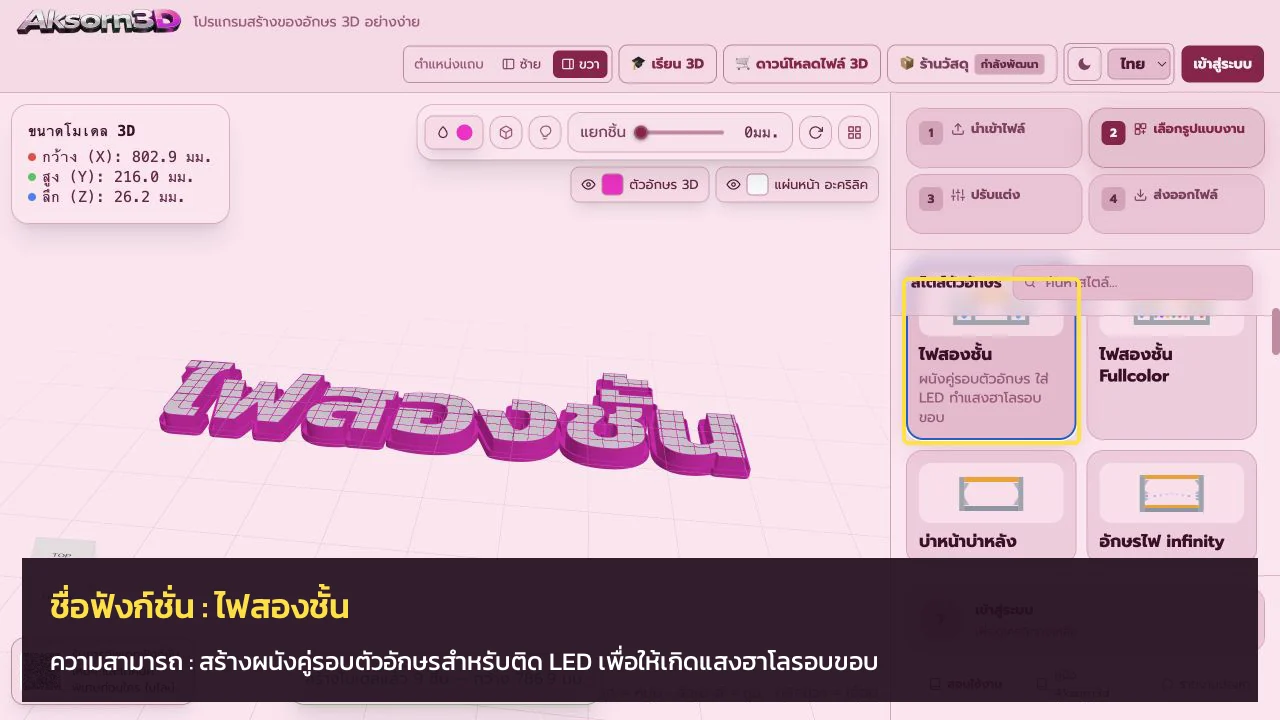 หน้าจอโปรแกรม Aksorn3D ขณะใช้ฟังก์ชั่นไฟสองชั้น — สร้างผนังคู่รอบตัวอักษรสำหรับติด LED เพื่อให้เกิดแสงฮาโลรอบขอบ